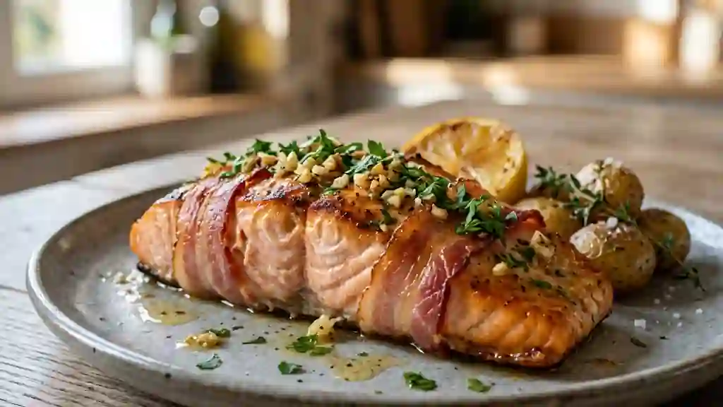 Saumon rôti à l'ail et lard craquant - Photo de présentation