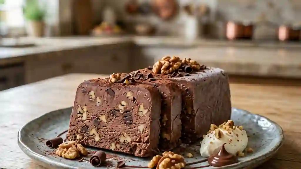 Pavé glacé fondant au chocolat et noix croquantes - Photo de présentation