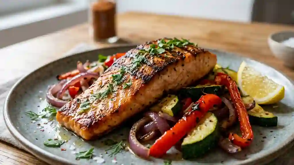 Saumon grillé au piment et légumes croquants - Photo de présentation