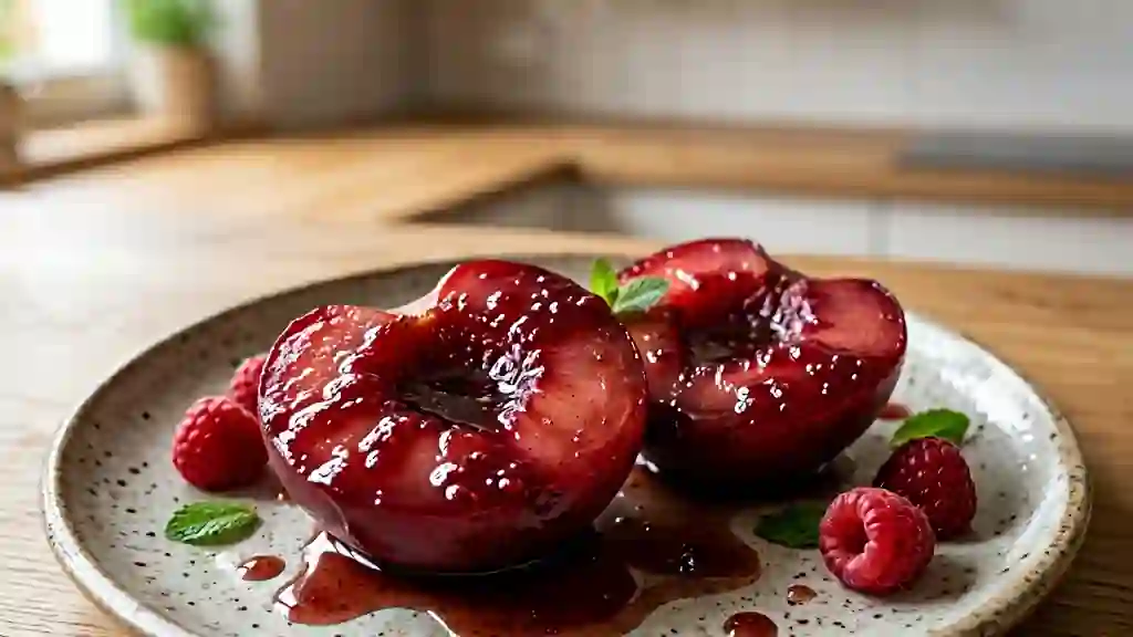 Pêches fondantes au vin rouge et framboise - Photo de présentation