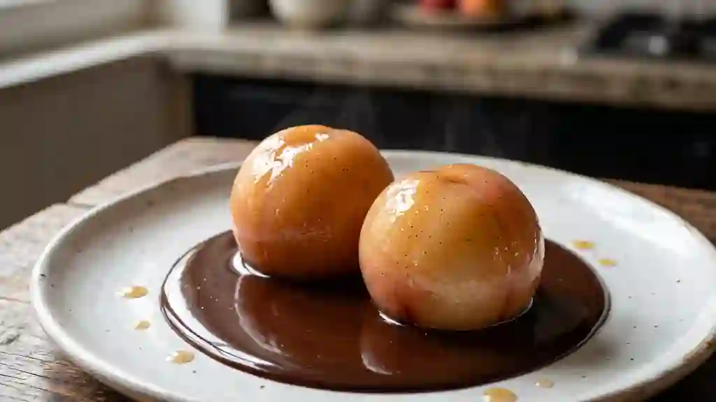 Pêches fondantes vanille et chocolat onctueux - Photo de présentation