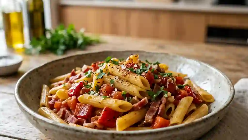 Penne à la navarraise, jambon de Bayonne et piment - Photo de présentation