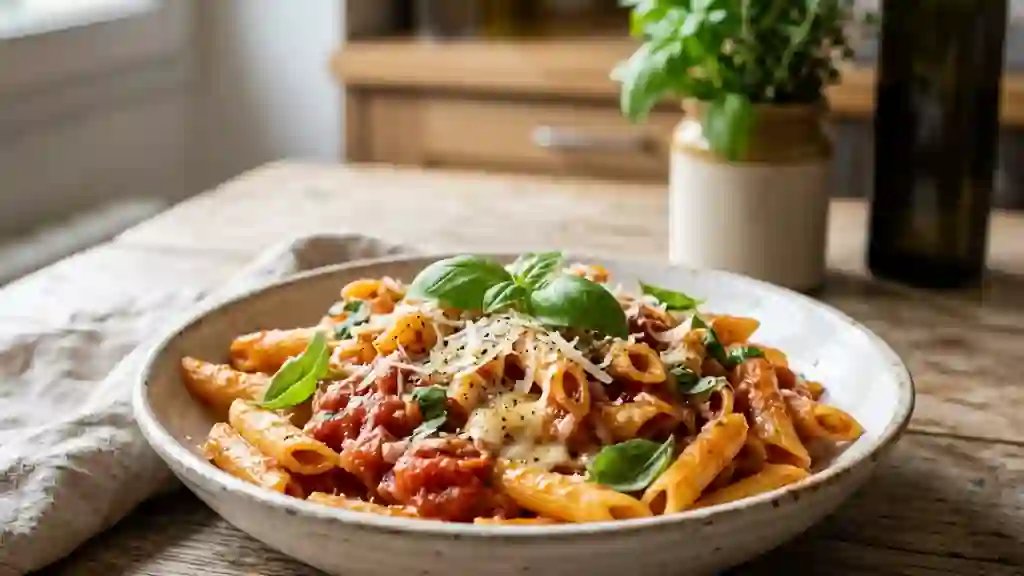 Penne Zaza al dente, tomates fraîches et basilic - Photo de présentation