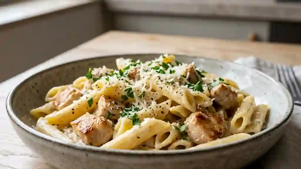 Penne fondantes au poulet et crème d'ail - Photo de présentation