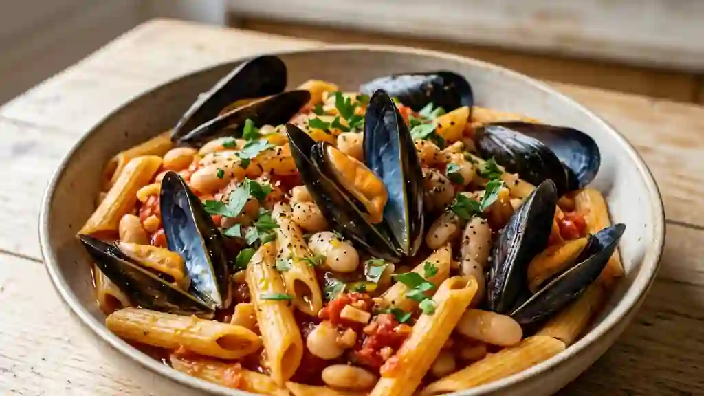 Penne onctueuses aux moules et haricots blancs - Photo de présentation