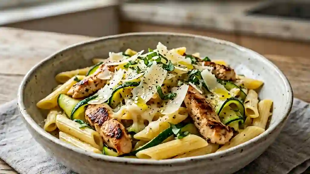 Penne au poulet doré et fines lanières de courgette - Photo de présentation