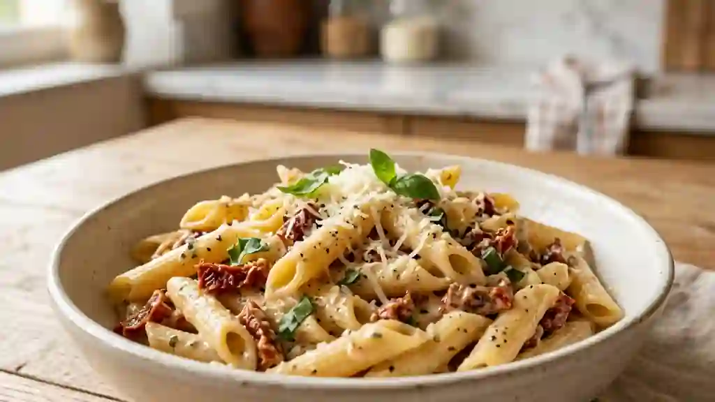 Penne crémeuses aux tomates séchées et basilic - Photo de présentation