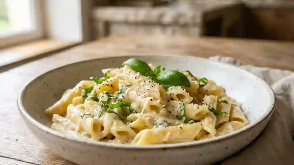 Penne fondantes au trio de fromages et basilic - Photo de présentation