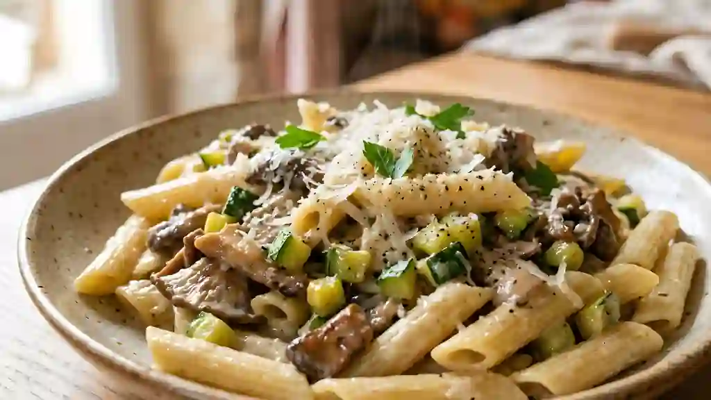 Penne crémeuses aux pleurotes et courgette - Photo de présentation