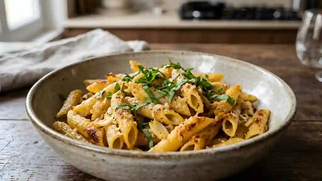 Penne dorées au parmesan et basilic - Photo de présentation