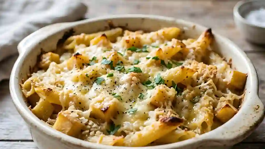 Penne gratinées aux pommes et croûte dorée - Photo de présentation