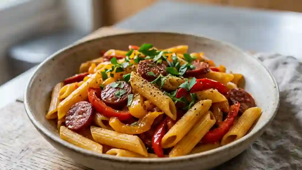 Penne Rigate au chorizo et poivrons fondants - Photo de présentation
