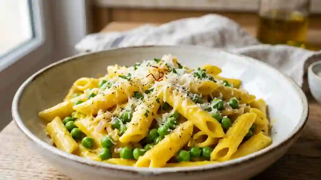 Penne onctueuses au safran et petits pois - Photo de présentation