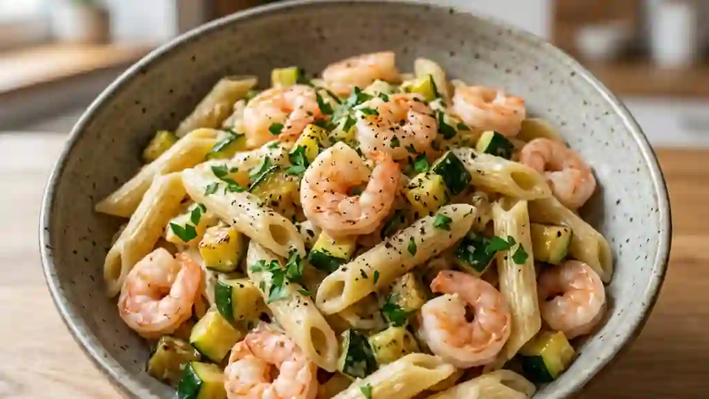 Pennes crémeuses aux crevettes et courgettes - Photo de présentation