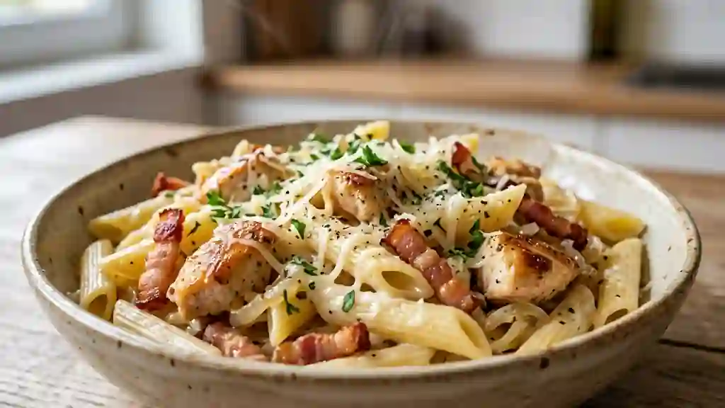 Pennes crémeuses au poulet et lardons fumés - Photo de présentation