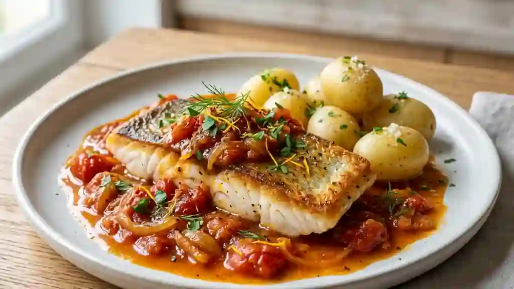 Perche rôtie, sauce tomate fondante au safran - Photo de présentation