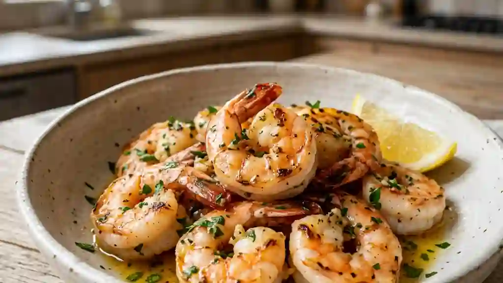 Crevettes sautées à l'ail et persil frais - Photo de présentation