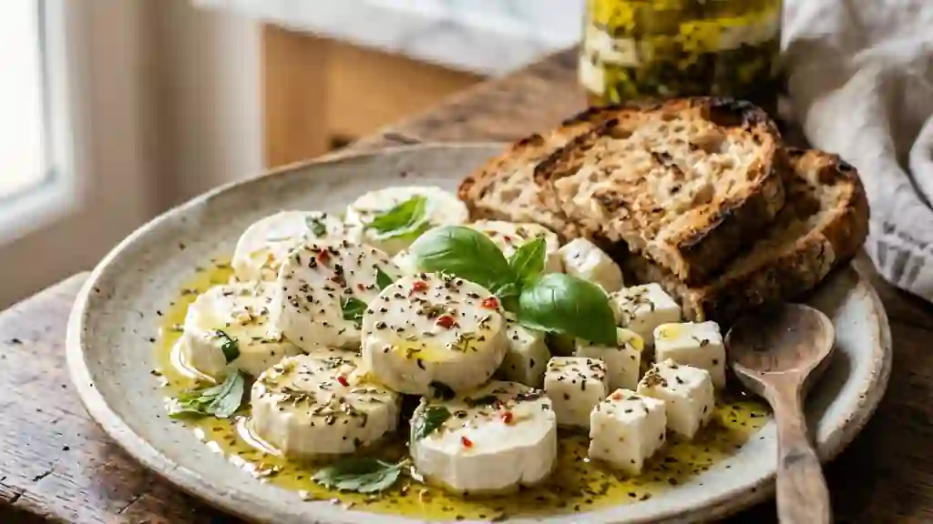 Dés de chèvre fondants à l'huile aromatisée - Photo de présentation