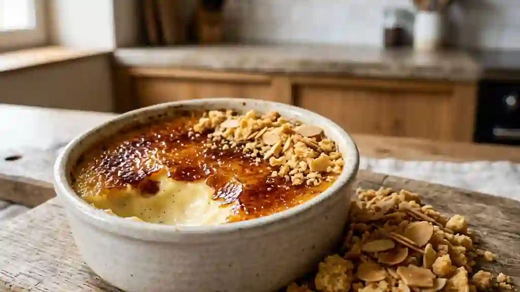 Crème brûlée onctueuse et croustillant amande - Photo de présentation