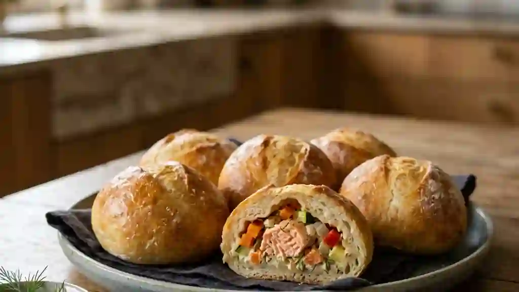 Petits pains moelleux saumon et légumes croquants - Photo de présentation