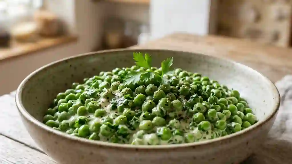 Petits pois fondants, crème et persil frais - Photo de présentation