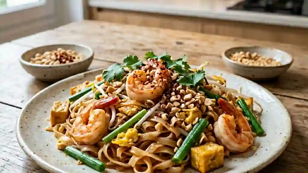 Phad Thaï fondant aux crevettes et cacahuètes - Photo de présentation