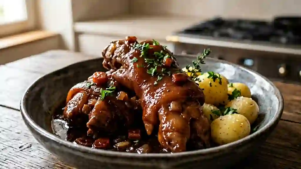 Pieds de porc fondants à la sauce au vin rouge - Photo de présentation