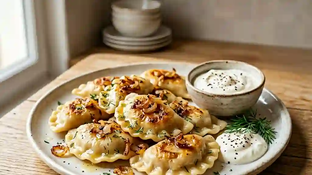 Pierogi polonais fondants au fromage et oignons - Photo de présentation