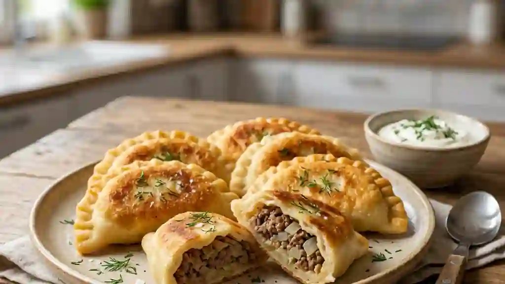 Pierojki russes dorés au bœuf et chou - Photo de présentation