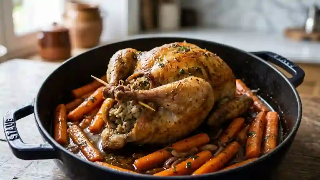Pigeon farci aux herbes et carottes fondantes - Photo de présentation
