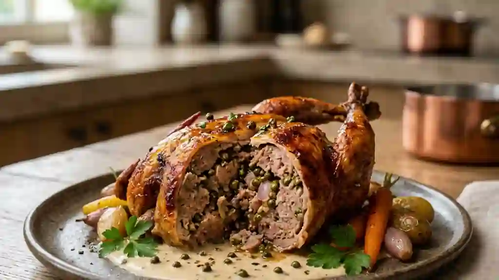 Pigeonneaux rôtis, farce fine au poivre vert - Photo de présentation