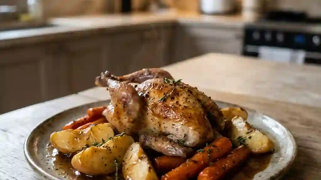Pigeonneau rôti au beurre, pommes et carottes - Photo de présentation