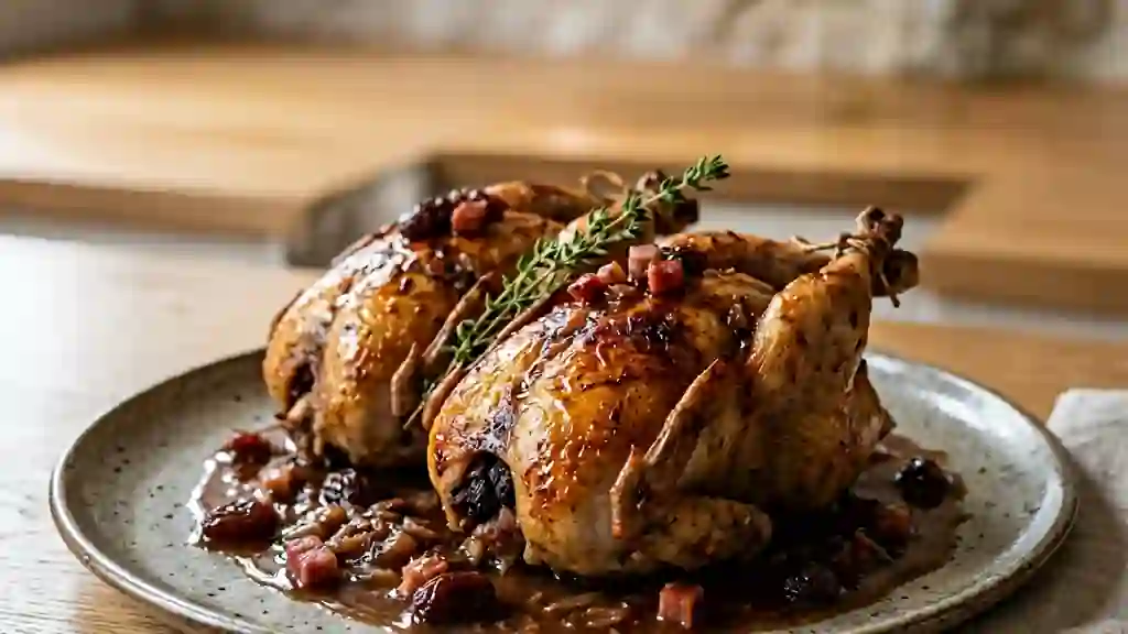 Pigeons rôtis, farce fondante jambon et raisins - Photo de présentation