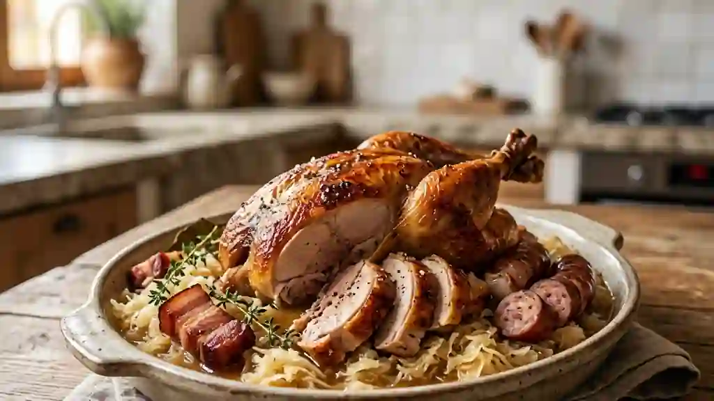 Pintade braisée et sa choucroute au lard fumé - Photo de présentation