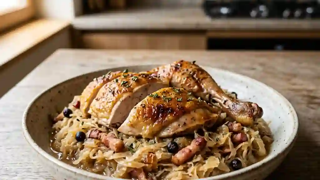 Pintade braisée et choucroute fondante au lard - Photo de présentation