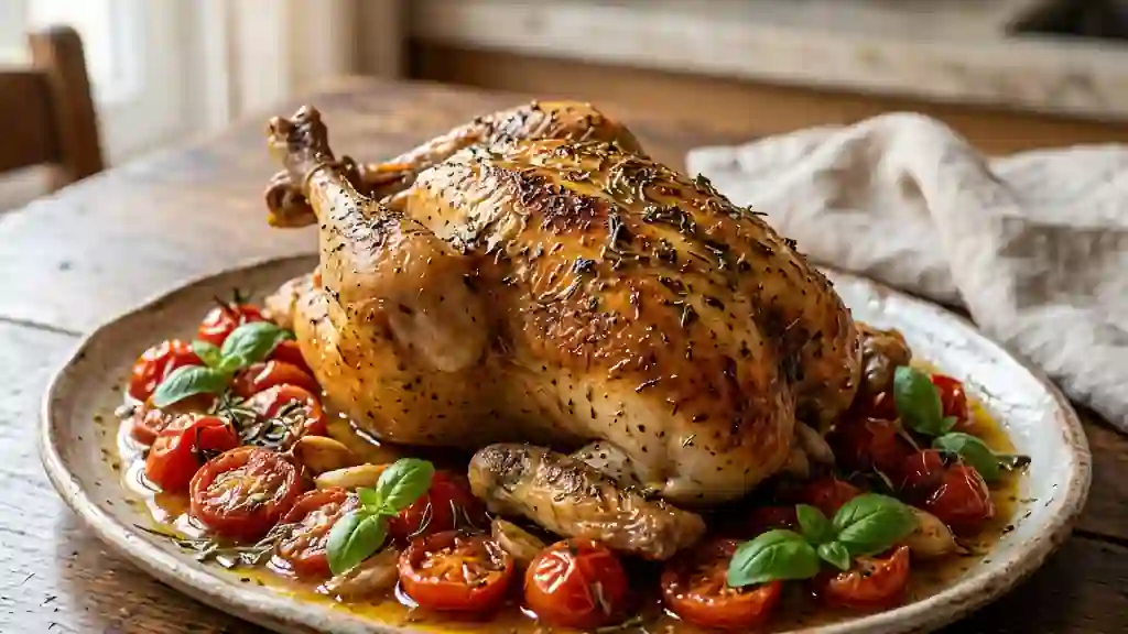 Pintade rôtie aux tomates cerises et basilic - Photo de présentation