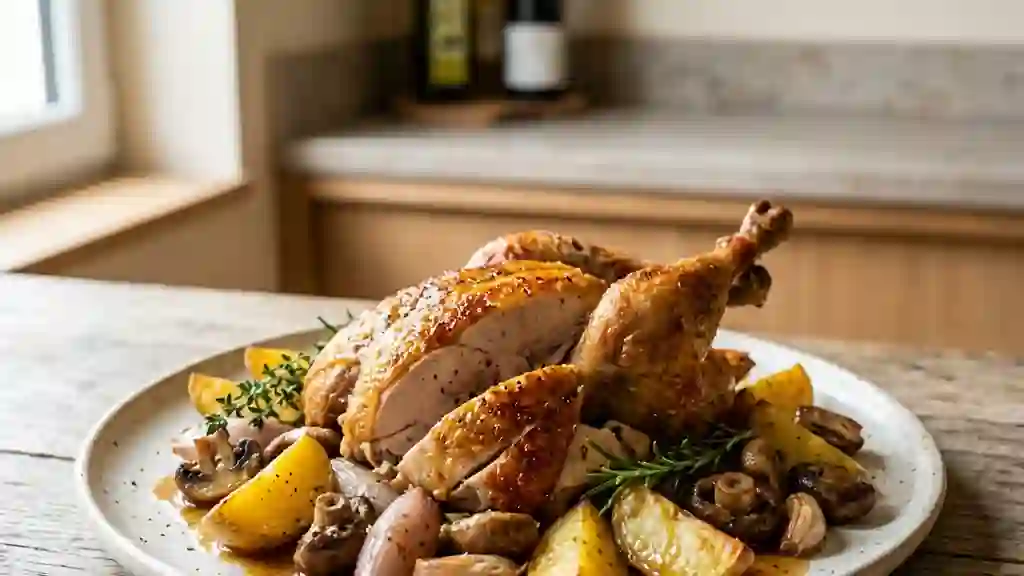 Pintade rôtie aux champignons et pommes fondantes - Photo de présentation