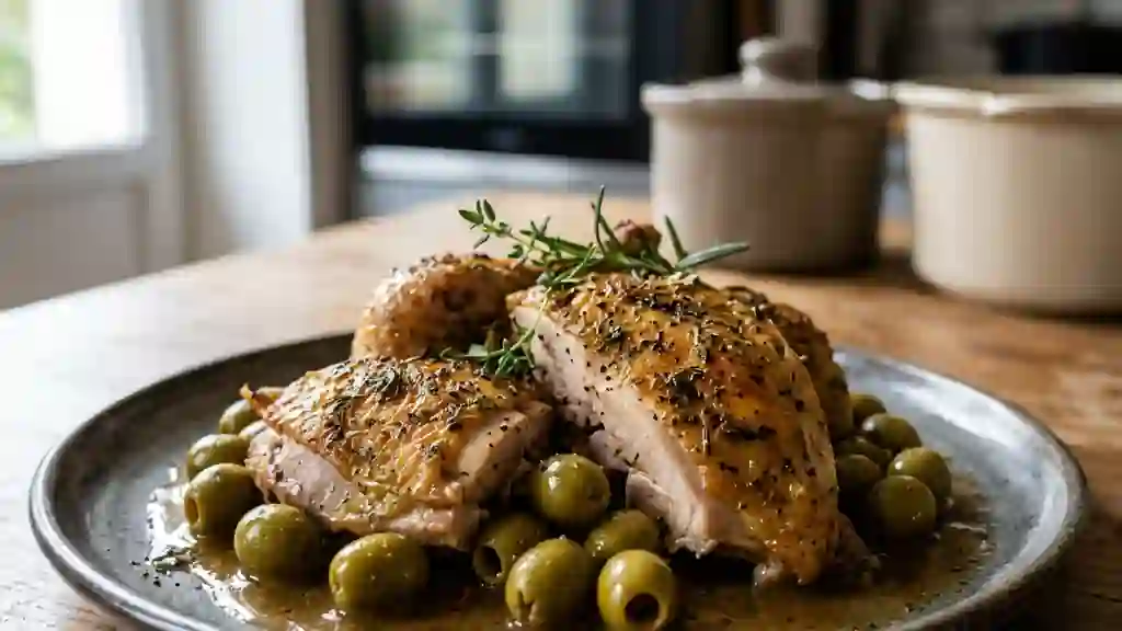 Pintade rôtie aux olives et herbes fraîches - Photo de présentation