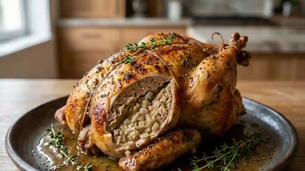 Pintade rôtie et farce fondante au foie d'oie - Photo de présentation