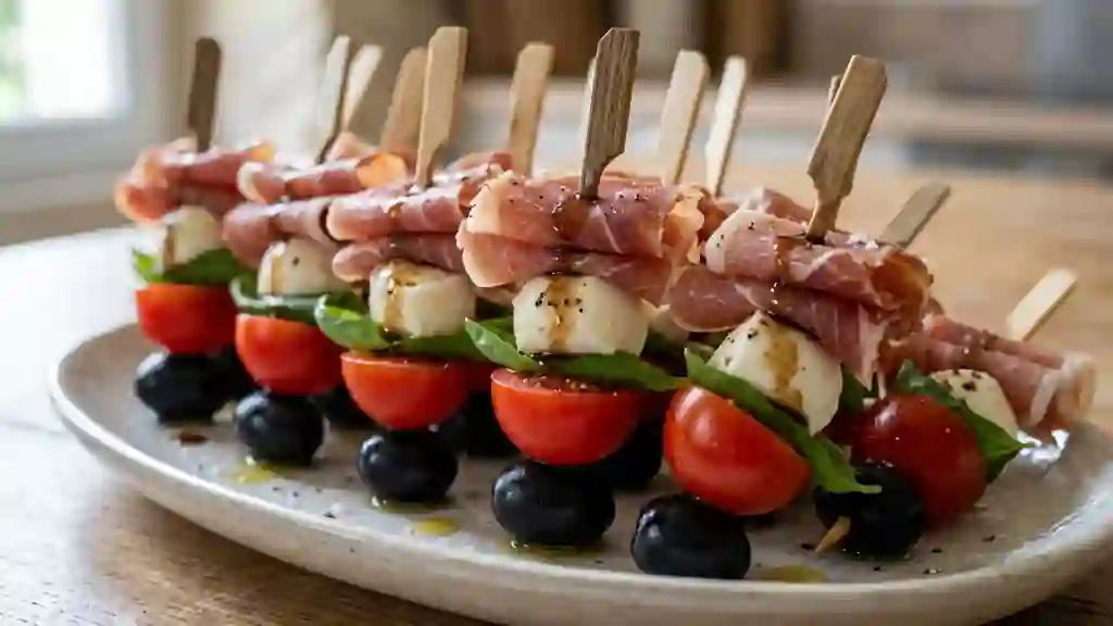 Piques fraîcheur mozzarella, jambon et basilic - Photo de présentation