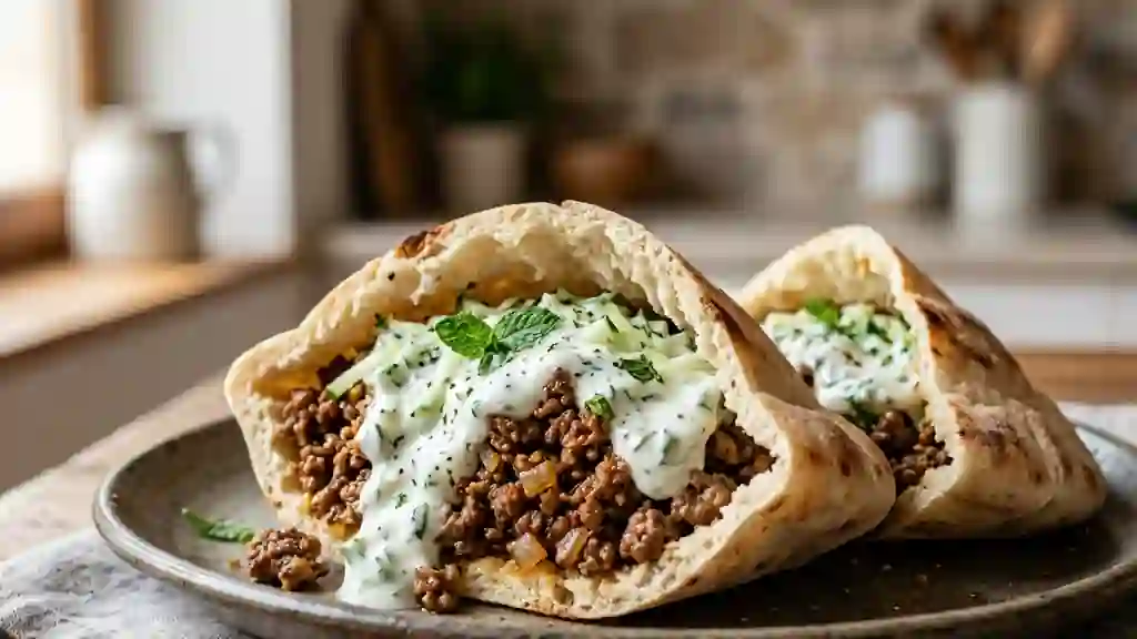 Pita au bœuf épicé et sauce yaourt fraîche - Photo de présentation