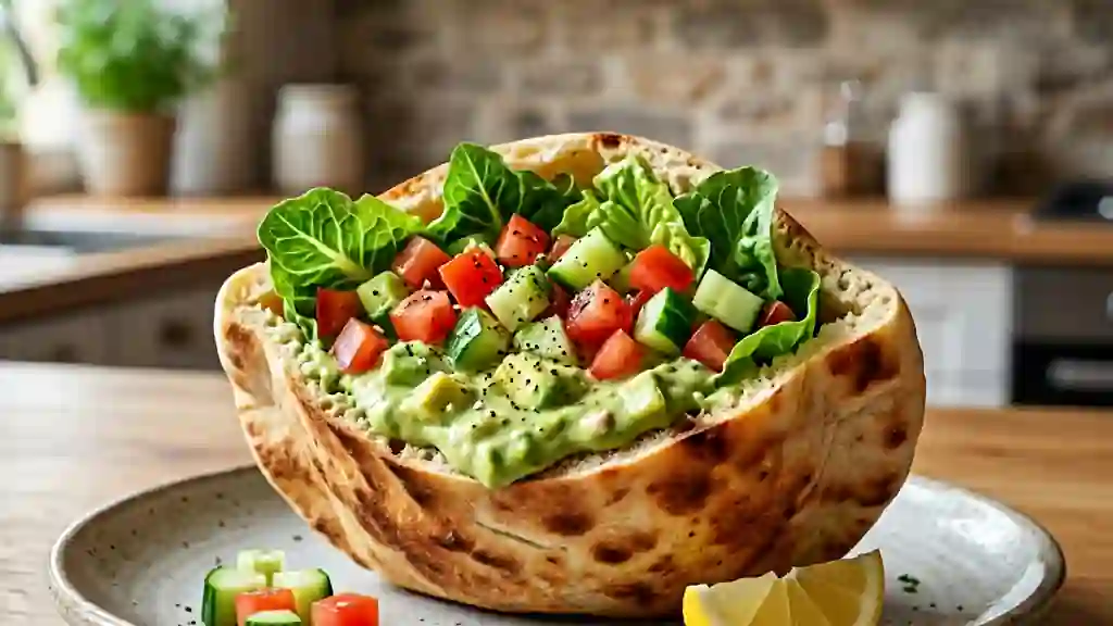 Pita crémeuse à l'avocat et légumes frais - Photo de présentation