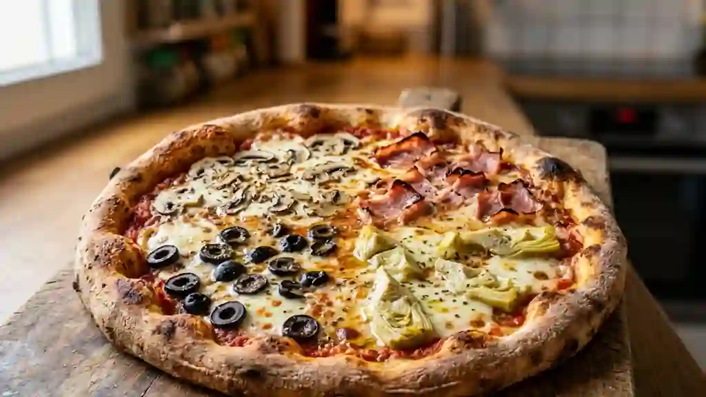 Pizza 4 Saisons : Croûte Fine et Garniture Fondante - Photo de présentation