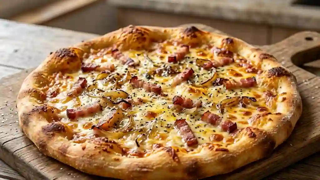Pizza Carbonara Onctueuse aux Lardons Grillés - Photo de présentation