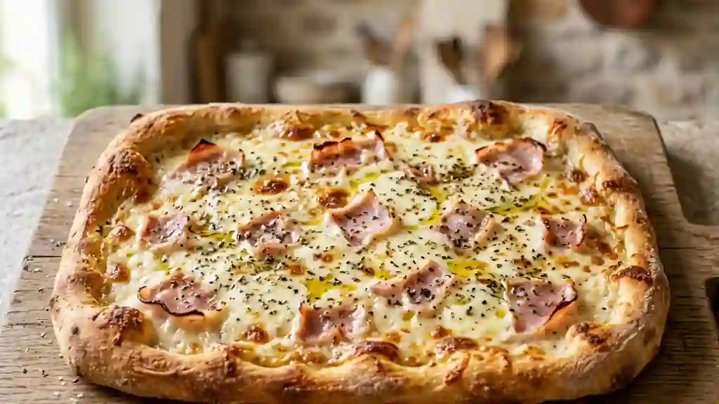 Pizza croustillante jambon et Carré Frais fondant - Photo de présentation