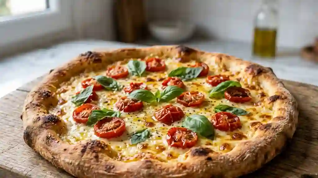 Pizza blanche : ricotta fondante et basilic frais - Photo de présentation
