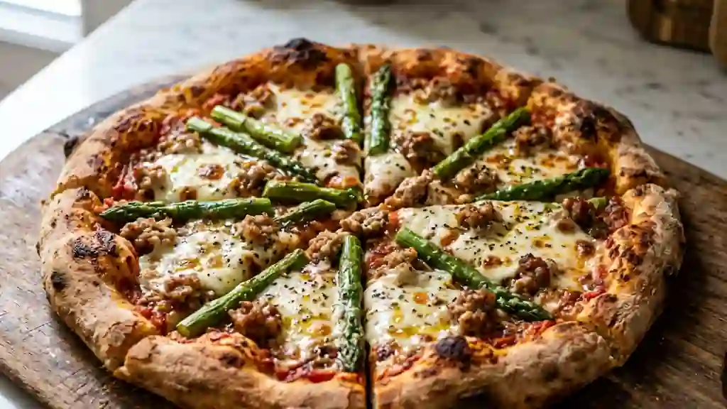 Pizza croustillante asperges et saucisse - Photo de présentation