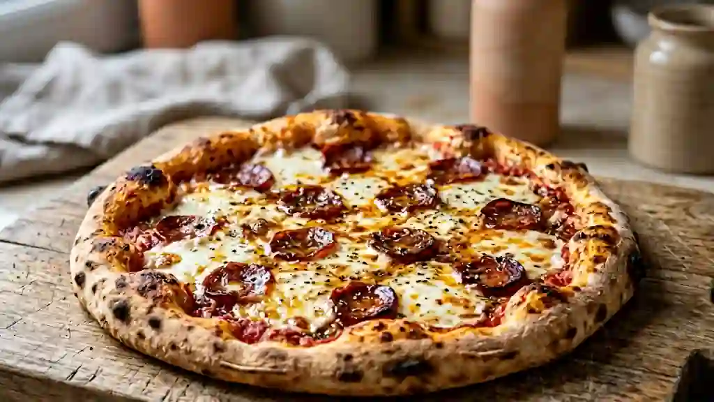 Pizza croustillante au chorizo et origan - Photo de présentation