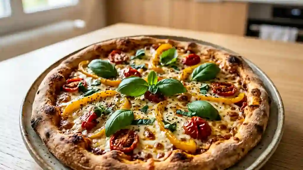 Pizza ensoleillée aux poivrons et mozzarella - Photo de présentation