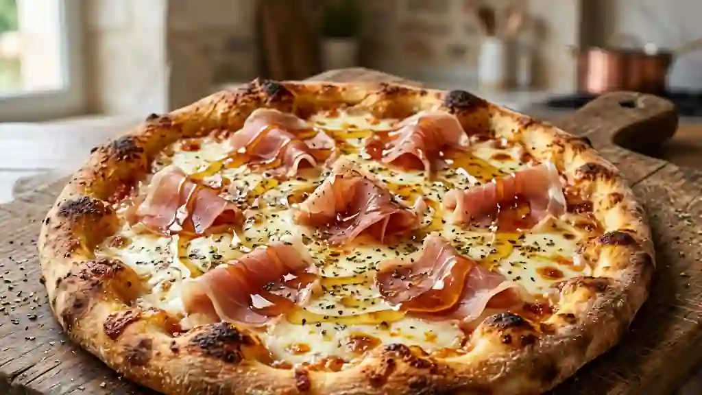Pizza jambon cru et miel caramélisé - Photo de présentation